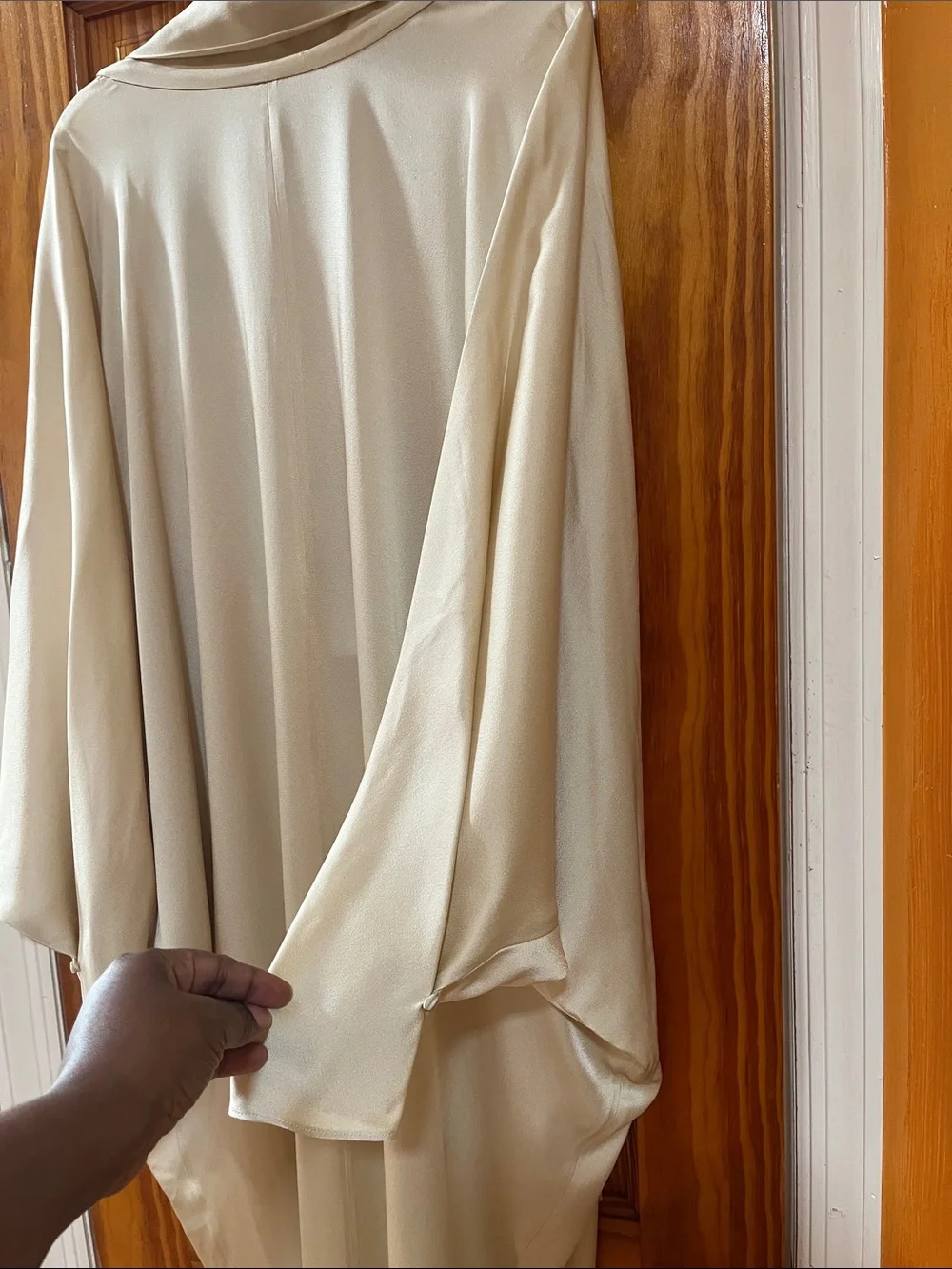 NWT Satin Beige Draped Open Back Dress Lagenlook Formal Shawl Gown Tie Neck M